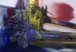 Katharina Grosse, I Think This Is a Pine Tree, 2013. Acrílic damunt paret, sòl, troncs d'arbres i arrels. Cortesia de Hamburger Bahnhof – Nationalgalerie der Gegenwart. Foto: Nic Tenwiggenhorn. © de l’obra, Katharina Grosse, VEGAP, Illes Balears, 2026